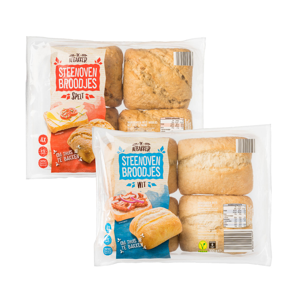 DE AFBAKKER Steenovenbroodjes wit en spelt